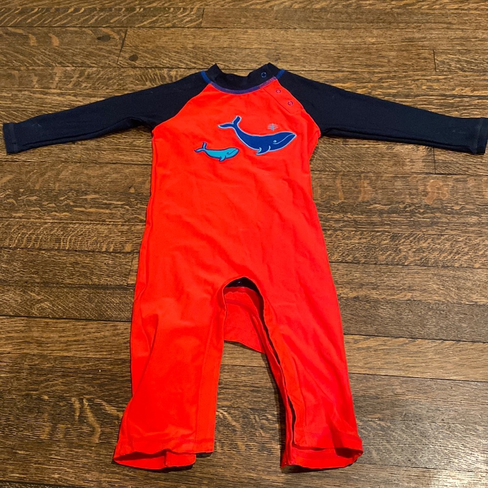 Coolibar 12-18 months UPF 50+ UV protection one piece swimsuit with whale design